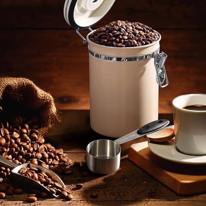 ShanSon Coffee Canister Airtight Coffee Container Stainless Steel Coffee Bean Storage Container with CO2 Release Valve and Scoop Coffee Canister for Beans,Grounds,Sugar,Flour,Tea,Cereal,22OZ,Brown