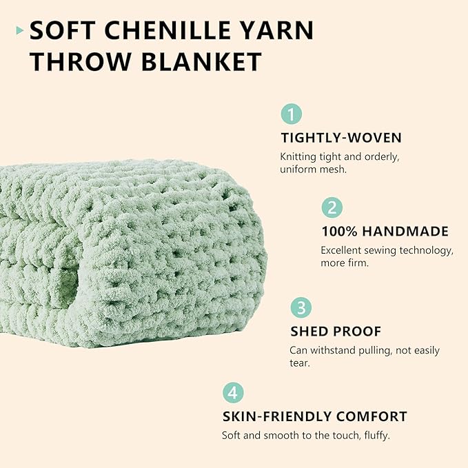 L'AGRATY Chunky Knit Blanket Throw: 50''x60'' Chenille Chunky Knitted Throw Blanket for Bed Couch - Handmade Thick Big Cable Knit Blanket - Large Crochet Rope Blanket for Home Decor(Milky Green)