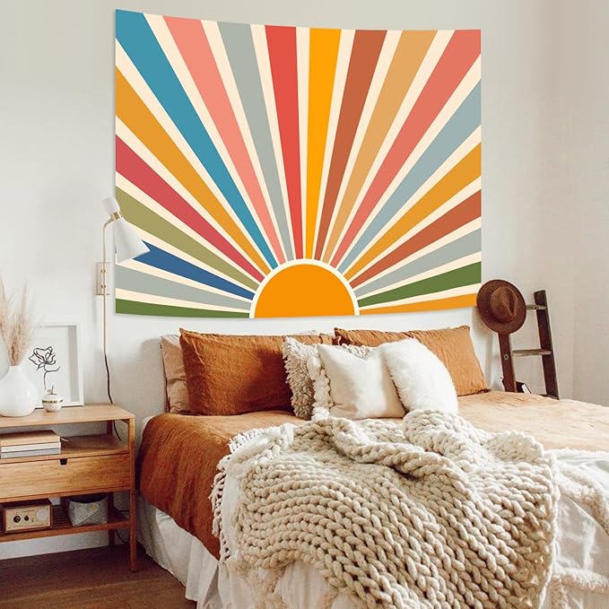 Kanuyee Boho Burning Sun Tapestry Wall Hanging, Retro 70s Abstract Vintage Geometric Rainbow Sunrise Tapestries for Bedroom Living Room Backdrop 60×80 inch