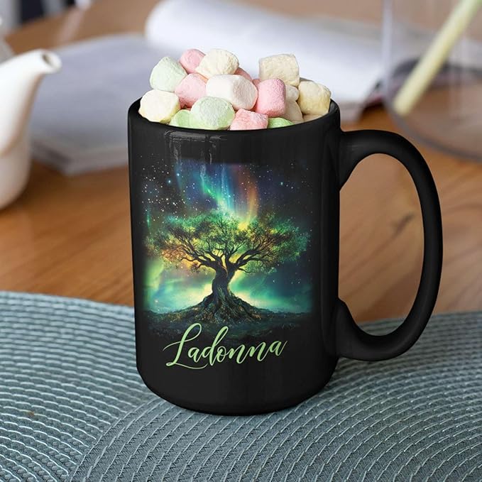Custom Unique Name Coffee Cup, Customized Mystical Nature Inspired Mug 11oz 15oz, Personalized Enchanted Tree With Northern Lights Ceramic Cup, Nature Black Mug, Gift For Women Men