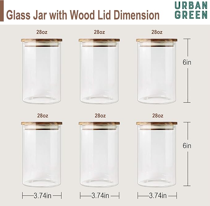 Urban Green Glass Jars with Airtight Lids, Airtight Canisters with Wood Lids, Glass Storage Containers with Bamboo Lid, Food Storage Containers Set (6 Pack of 27oz)