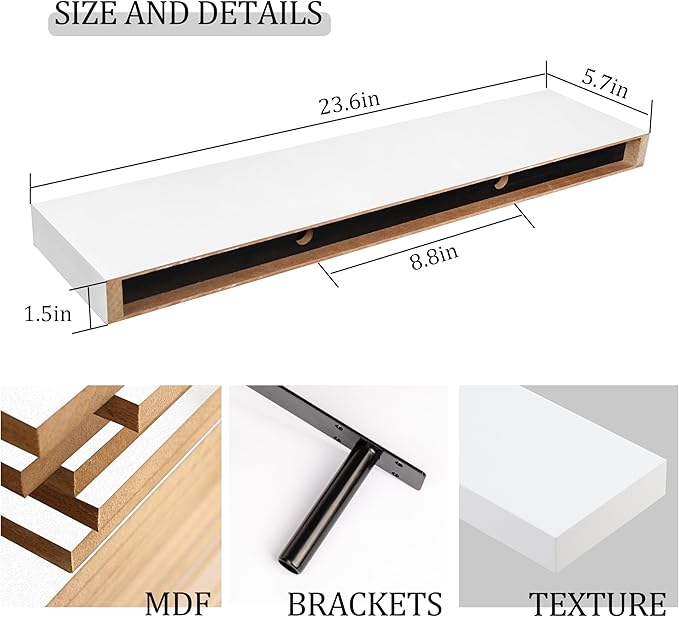 BAMEOS Floating Shelf,Wall Shelf,Decor Wall Mounted Shelves,Hanging Shelf Set L24xW6 for Bathroom Kitchen Living,Kitchen,Room Bedroom Storage,White