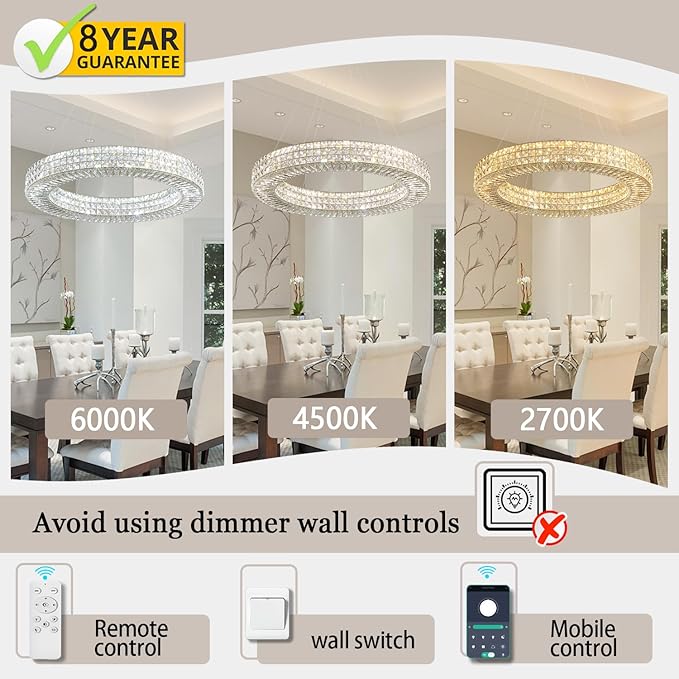 Dia 24" Modern Crystal Chandelier Gold Ring Chandelier Adjustable Height Luxury Crystal Pendant Ceiling Light Fixture for Dining Living Room Bedroom