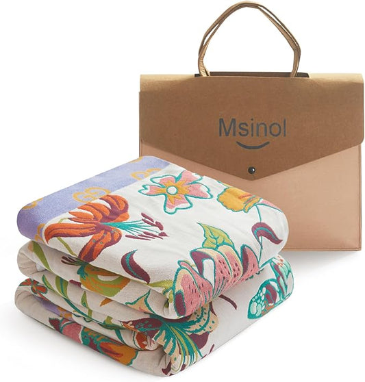 Cotton Throw Blanket Pure Cotton Floral Pattern Large Throw Blanket for Bed Summer Blanket Throw Farmhouse Decor Sofa Cover Bed Decoration (80"x90",05-Butterfly and Flower)