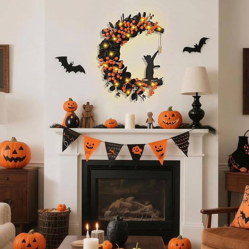 Halloween Wreaths for Front Door with Light, Black Cat Crescent Moon Wreath, Cute Cat Garland Halloween Door Decorations for Outdoor Indoor Decor Wall Window Home Party