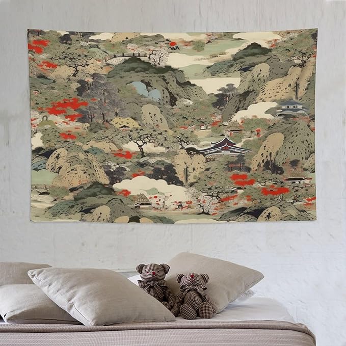 Asian Tapestry,Japanese Red Landscape Asian Watercolor Abstract Art Tapestry, Asian Japanese Wall Tapestry, Nature Landscape Tapestries for Bedroom Living Room Decor 90"x60"