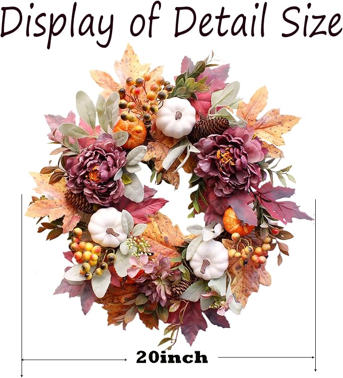 20Inch Fall Wreaths for Front Door,Fall Wreath,Fall Decorations for Home,Autumn Wreaths with White Pumpkins Peony Pine Cones, Fall Door Wreath for Thanksgiving Halloween Indoor Outdoor Decor