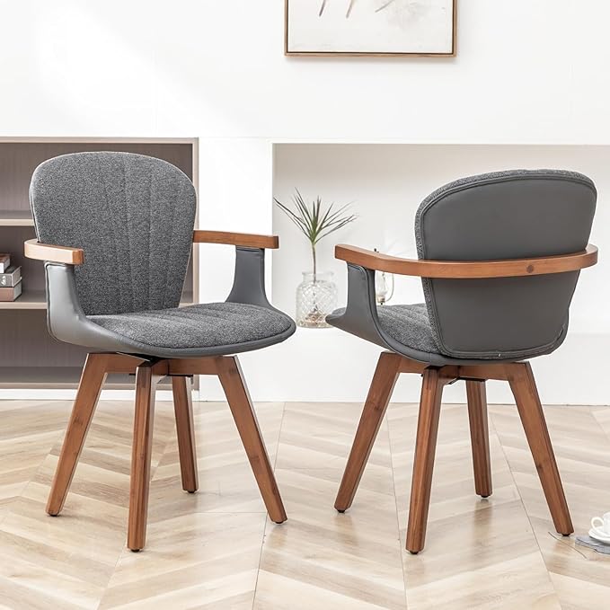 LUNLING Swivel Dining Chairs Set of 2, Mid Century Modern Gray Fabric+Faux Leather Kitchen Chairs with Arms,Bamboo Legs Side Chairs No Wheels,Accent Chair for Dining Rooms and Offices(Gray Fabric)