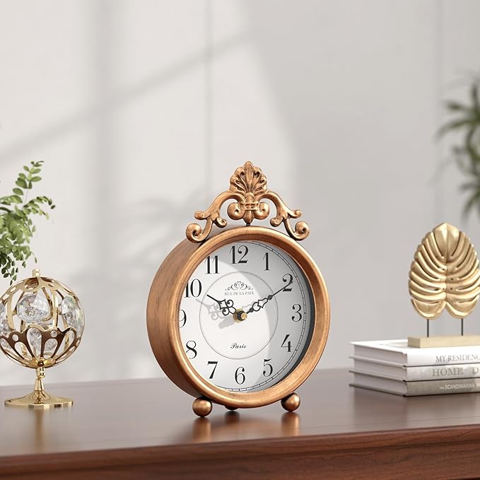 Vintage Gold Table Clock, Desk and Shelf Mantel Clock, French Rustic Antique Style Decor Clocks, for Farmhouse, Bedroom, Living Room, Bedside, Gift (9" H x 6.3" W)