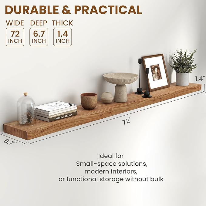 72" Floating Shelves for Wall, Rustic Elm Wood Floating Shelf for Home Decor, Wall-Mounted Display Shelves with Heavy-Duty Bracket, Long Floating Shelf for Bathroom, Kitchen, Natural Color