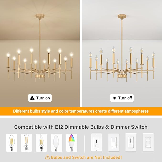 12 Light Gold Chandelier Light Fixture, Modern Farmhouse Chandeliers for Dining Room Light Fixture, Metal Candle Pendant Chandelier for Foyer Entryway Stairs Living Room Bedroom Kitchen