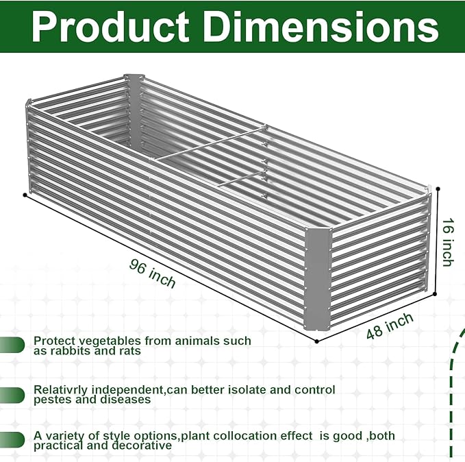 2 Pack 8x4FT Tall Galvanized Raised Garden Bed Outdoor,Metal Garden Bed for Vegetables,Steel Raised Beds for Gardening,Above Ground Garden Box for Flower-Y2G