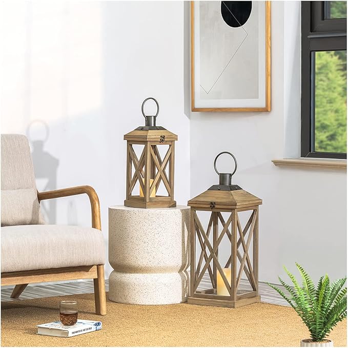 Glitzhome Mondern Farmhouse Wood Metal Lanterns Decorative Hanging Candle Lanterns Set of 2, Natural (No Glass)
