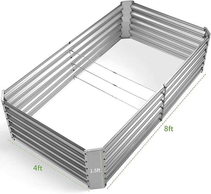Land Guard Metal Raised Garden Bed for Gardening, 8x4x1.5ft Galvanized Raised Garden Bed, Planter Boxes Outdoor for Vegetables, Fruits and Flowers (Silver)