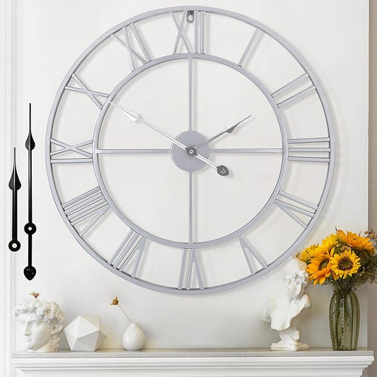 Large Wall Clock - 80cm/ 32 Inches, Silver, Non-Ticking, Battery Operated, Vintage Modern Wall Clock for Living Room, Bedroom, Office, Farmhouse Decor