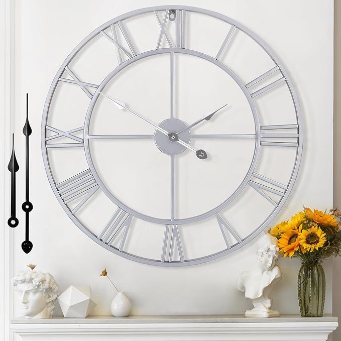 Large Wall Clock for Living Room Decor - 47cm/ 18 Inches Silent Non-Ticking Metal Wall Clocks Battery Operated, Vintage Decorative Modern Wall Clock for Bedroom, Office, Farmhouse Decor