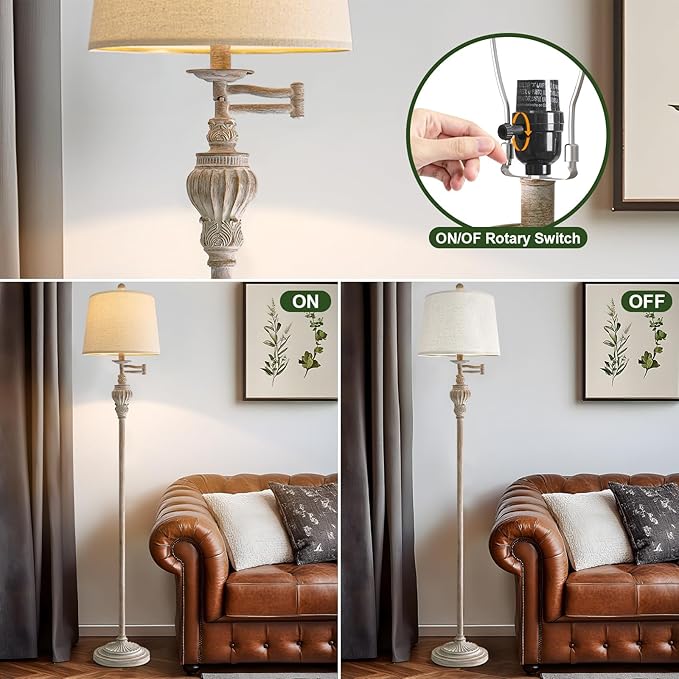 61" Vintage Floor Lamp with 350° Adjustable Swing Arm, Tall lamp Standing Lamp for Bedroom Living Room Bedside Nightstand Retro Farmhouse Mid Century Lamp Light Home Décor Office Gifts