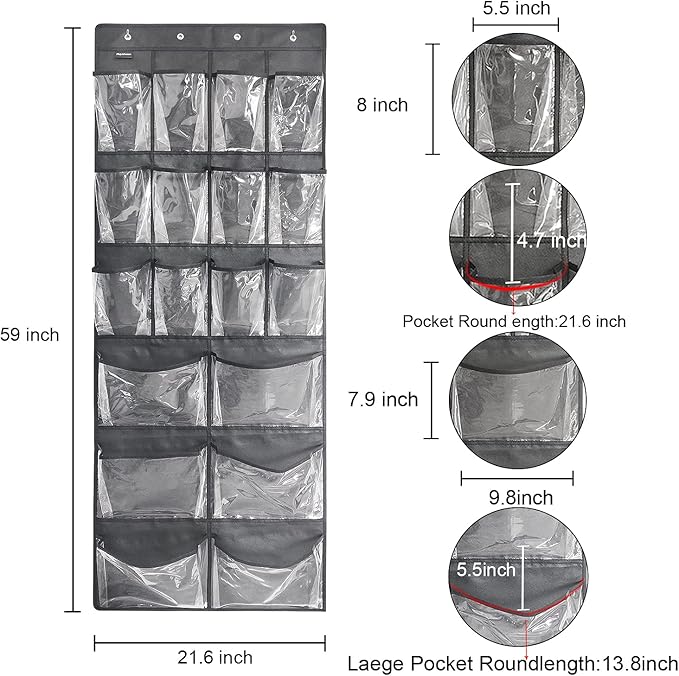 Extra Large Hanging Over Door Shoe Organizer, Closet Shoe Rack - 12+6 Crystal Pockets, 4 Hooks, Black (59"x 21.6")