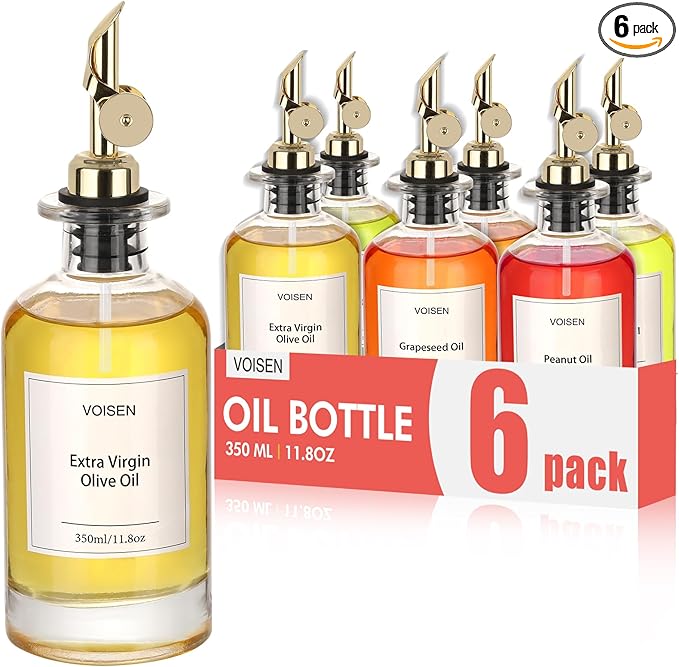 VOISEN Olive Oil Dispenser Bottle for Kitchen, Glass Oil Bottle Set of 6, Coffee Syrup Dispenser,Glass Oil Container with Metal Pourer,Funnel,56 Waterproof Labels
