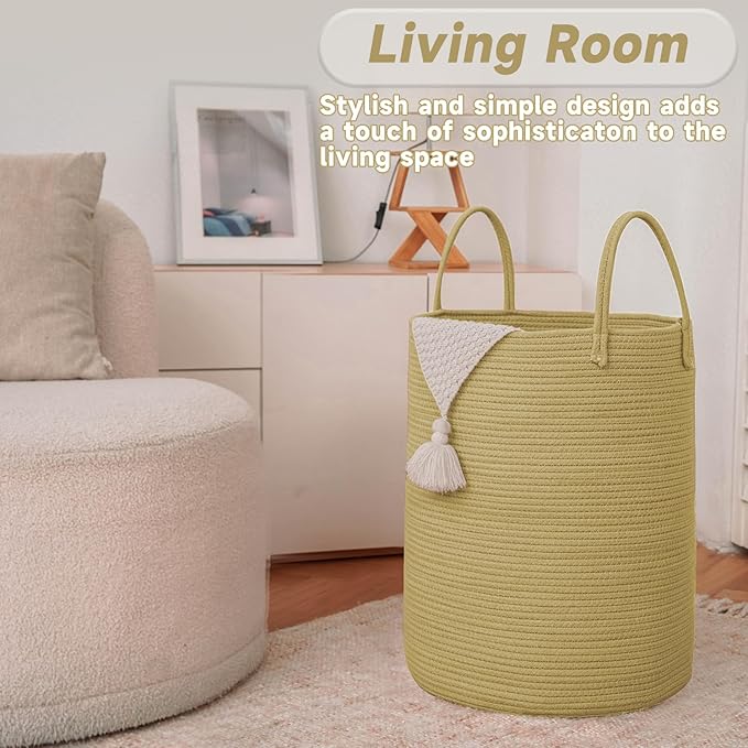 Large Woven Laundry Basket Hamper,60L Cotton Rope Storage Bin for Blankets,Toys and Clothes,Decorative Tall Nursery Hamper for Living Room,Baby Nursery,Bathroom and Bedroom,Jute