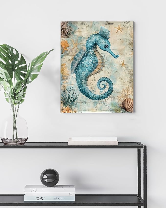 Nautical Seahorse Canvas Wall Art Sea Horse Ocean Theme Print Poster Coastal Framed Picture Painting for Home Beach House Bedroom Wall Decor 8x10 Inch
