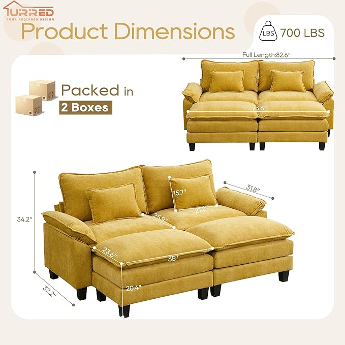 URRED Modular Sectional Sofa Comfy Cloud Couch, Modern Chenille Sofa Sleeper Deep Seat Couches with Ottoman/Pillows for Living Room (Yellow, 82.6''- 2 Ottomans)