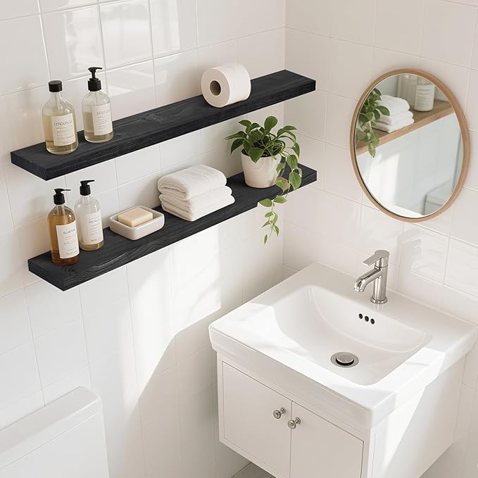 Floating Wall Shelves 2-Pack - 36-Inch Rustic Black Wooden Shelves for Storage and Décor, Easy Installation for Living Room, Bedroom, and Kitchen
