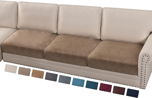 PrinceDeco Velvet Stretch Couch Cushion Cover Soft Cushion Slipcover for Chair Loveseat Sofa Cushion Furniture Protector Seat Cushion Sofa Cover (3 Piece XL Sofa Cushion Covers, Taupe)