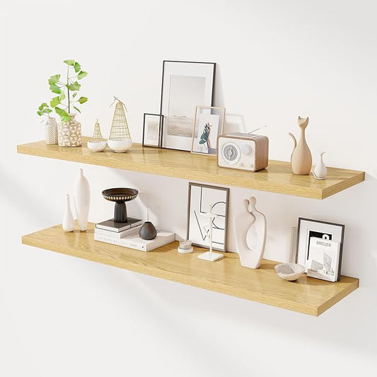55" Floating Shelves for Wall, 12" Deep Slim Oak Floating Shelves, Wall-Mounted Shelves for Bedroom, Living Room, Kitchen, Bathroom - Set of 2