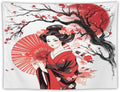 Japanese Red Geisha Tapestry Asian Cherry Blossom Traditional Kimono Folk Tapestries Home Decor for Living Room Bedroom Apartment Farmhouse Dorm 90"x60"