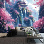 FENDROM Japanese Aesthetic Pink Cherry Blossom Tree Tapestry Building On Mountains Waterfall River Fairytale World Asian Art Tapestry for Bedroom Living Room