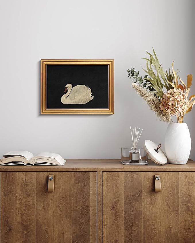 HUARCEY Gold Framed Vintage Wall Art for Living Room, Grace Swan Art Painting Pictures Rustic Animal Bathroom Prints Farmhouse Wall Decor Canvas Swan Shelf Decor for Kitchen Bedroom (Zwaan 12"x16")