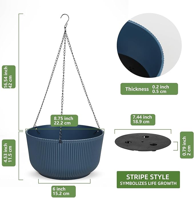 Dexceder 8.75 Inch Self Watering Hanging Planters Indoor Outdoor, Thickened Hanging Basket Flower Plant Pot (2 Pack, Deep Blue)