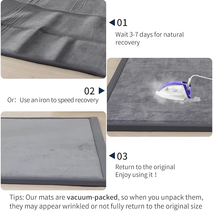 ACOMOPACK Baby Play Mat for Floor 1.3" Thick Memory Foam Play Mat 79"×118" Tummy Time Crawling with Non-Slip Bottom for Living Room,Nursery,Soft Velvet Playpen Mats for Kids,Infants（Dark Grey）