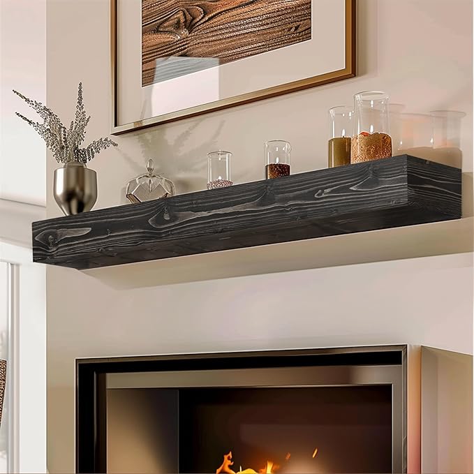 48x8x5 Fireplace Mantel - Handcrafted Hollow Rustic Solid Wood Wall Mounted Floating Shelf with Invisible Heavy Duty Wood Bracket (Weathered Black)