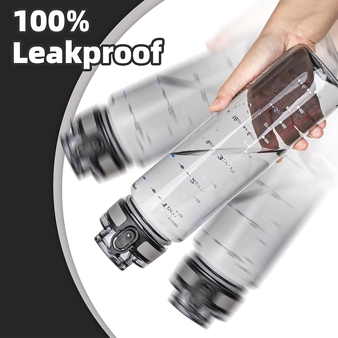 OLDLEY 32 oz Water Bottle, Motivational Water Bottle with Time Marker, Sports Water Bottle With Strap, Leakproof & BPA Free Large Water Bottles for School, Gym,Outdoor, Tritan, Transparent-Gray