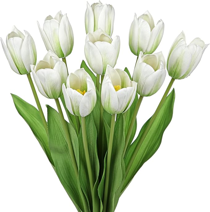 Artificial Tulips Flowers – 20" Long Stem Faux Tulips, 10PCS Real Touch Fake White Tulip for Vase, Farmhouse, Kitchen, Spring & Wedding Home Decor