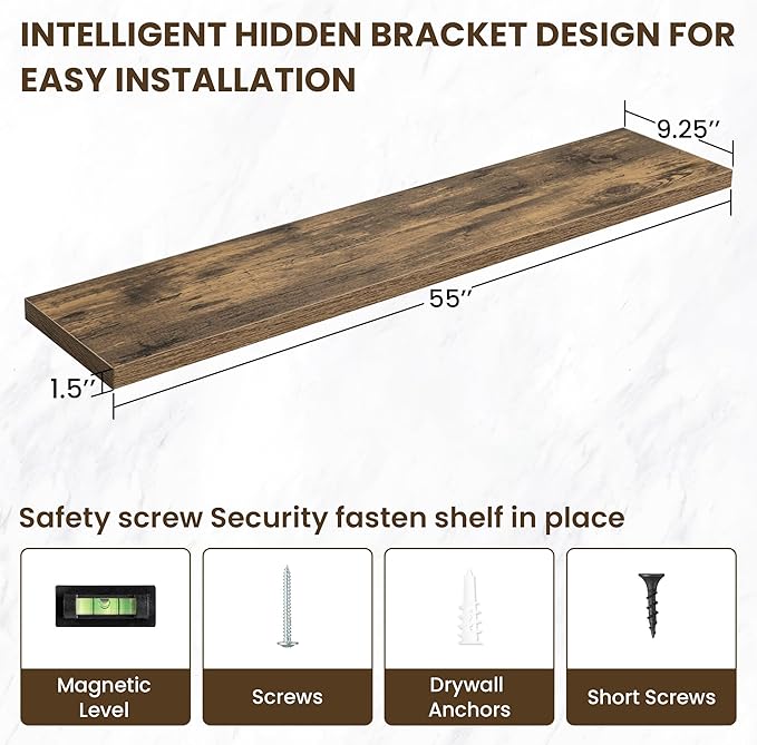 55 Inch Floating Shelves, 55"x9.25"x1.5" Inch Deep Floating Shelves for Wall, Wooden Shelves for Bathroom, Bedroom, Living Room, Brown