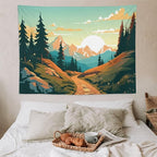 HZOHNAGO Mountain Tapestry Forest Mountain Sunrise Road Pattern Printed Wall Tapestry Wall Hanging for Bedroom Living Room Dorm 80" W x 60" H