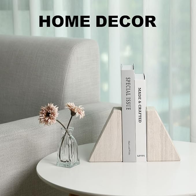 Marble Book Ends for Heavy Books, Decorative Bookends for Shelves, Durable and Heavy-Duty Bookends for Hardback Book & CDS, Off-White Unique Books Stopper & Holder, Set of 2
