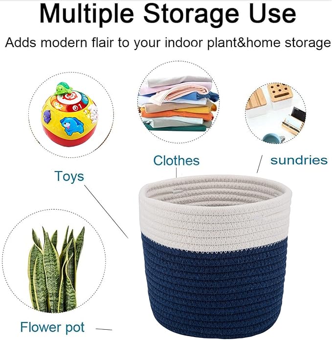 Cotton Rope Plant Basket Woven Baskets for 6" Pot Floor Indoor Planters,Rustic Home Decor H6 3/4" x W6 1/2" White Stitching Navy Blue