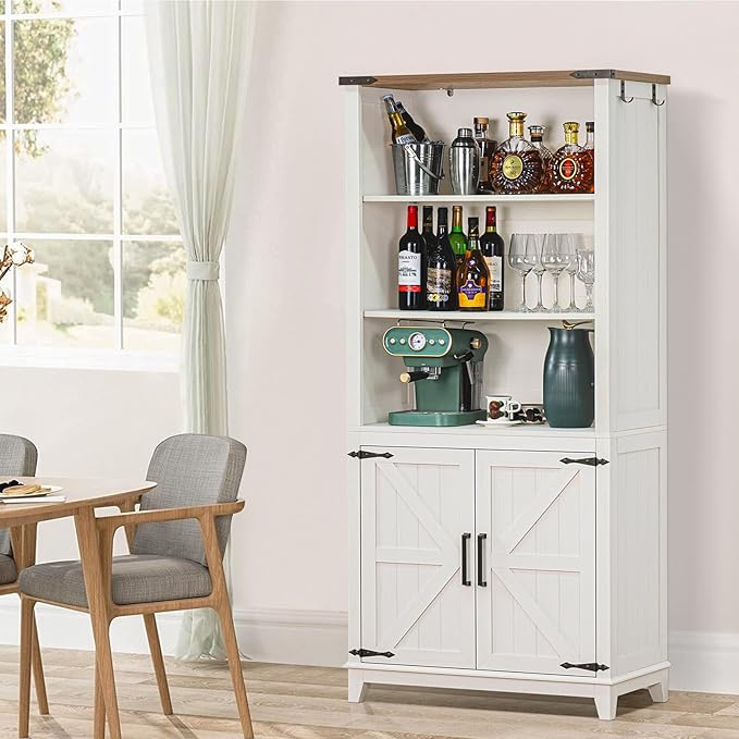70in Tall Bookshelf 5 Tier Bookcase with Barn Doors and Storage Cabinet, White Farmhouse Book Shelf with Adjustable Shelves, Wood Freestanding Display Bookshelves for Bedroom, Kitchen (3PCS)