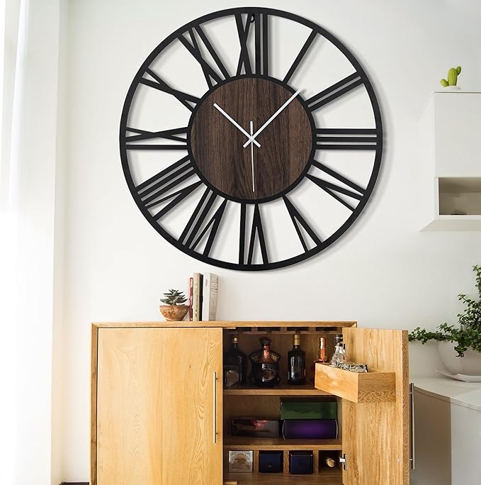 LEIKE 32" Oversized Large Wall Clocks,Silent,Non Ticking,Battery Operated Modern Round Big Wood Decorative Metal Wall Clock for Living Room, Bedroom,Kitchen,Farmhouse,Office Decor - Black,32 Inch