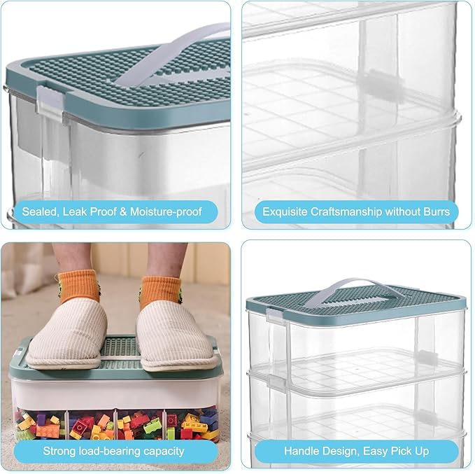 Toys Organizer Storage Case for Lego Box Kids Toy Stackable Building Blocks with Lids Bins Adjustable Lego Storage Containers Plastic Toy Box Green 2 Layers