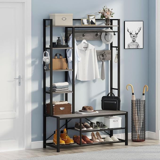 BON AUGURE Hall Tree with Bench and Shoe Storage, Entryway Bench with Coat Rack, Wooden Metal Coat Tree with Hooks, 5 in 1 Multifunctional Shoe Benches and Wall Rack (Dark Gray Oak)