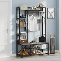BON AUGURE Hall Tree with Bench and Shoe Storage, Entryway Bench with Coat Rack, Wooden Metal Coat Tree with Hooks, 5 in 1 Multifunctional Shoe Benches and Wall Rack (Dark Gray Oak)