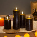 Halloween Flameless Candles, 4 Pack Battery Operated Halloween Candles with Remote, Wax LED Fake Pillar Candles Fireplace/Shelf Decor D3 H 5" 6" 7" 9" Black