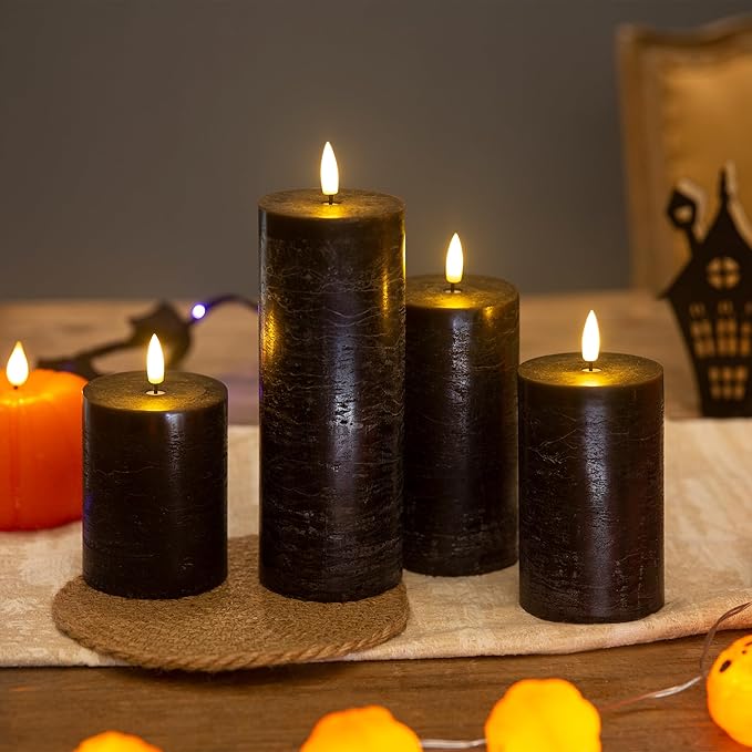 Halloween Flameless Candles, 4 Pack Battery Operated Halloween Candles with Remote, Wax LED Fake Pillar Candles Fireplace/Shelf Decor D3 H 5" 6" 7" 9" Black
