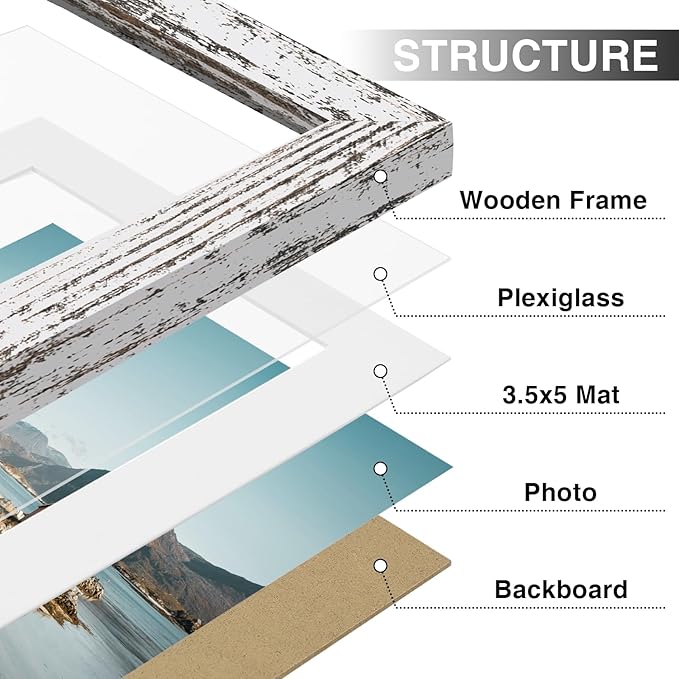 Vittanly 4x6 Picture Frames Set of 9, Shatter Resistant Plexiglass, Display 3.5x5 Pictures with Mat or 4x6 without Mat, Photo Frames for Wall or Tabletop, Engineered Wood, Distressed White