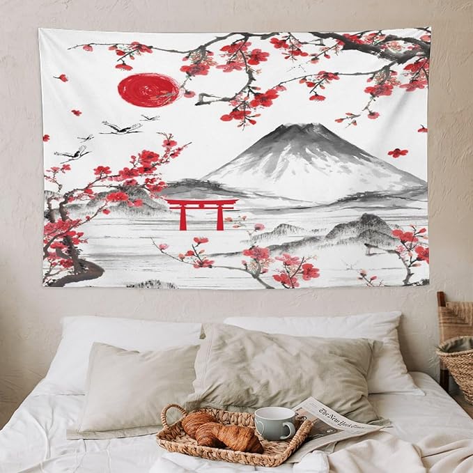 Red Cherry Blossoms Tapestry, Japanese Fuji Mountain Tapestry, Asian Japanese Wall Tapestry, Nature Landscape Tapestries for Bedroom Living Room Decor 60"x40"